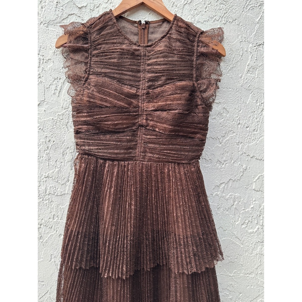 Self-Portrait Brown Lace‎ Tiered Midi Dress Ruched Ruffle Sleeveless US 4 - Picture 3 of 10